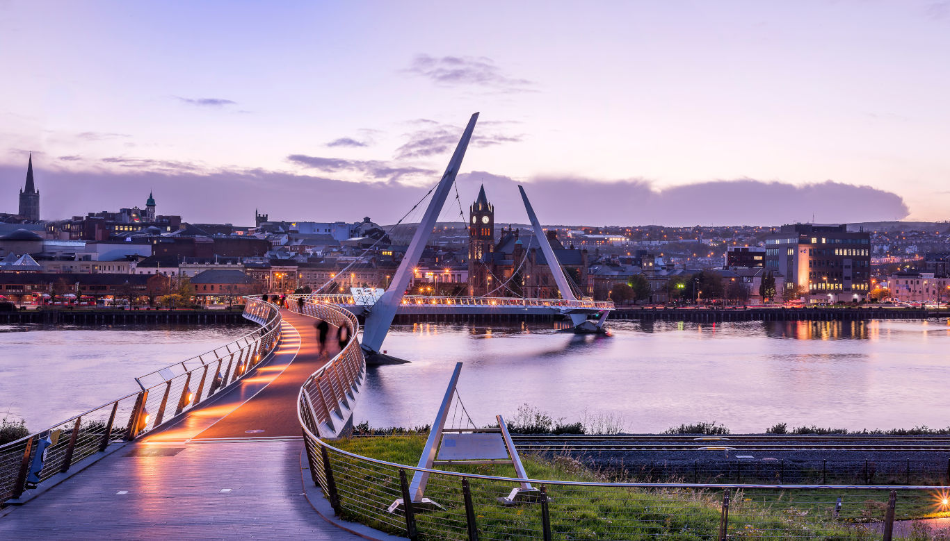 Panoramic image of Derry with the Peace Bridge and Guildhall included